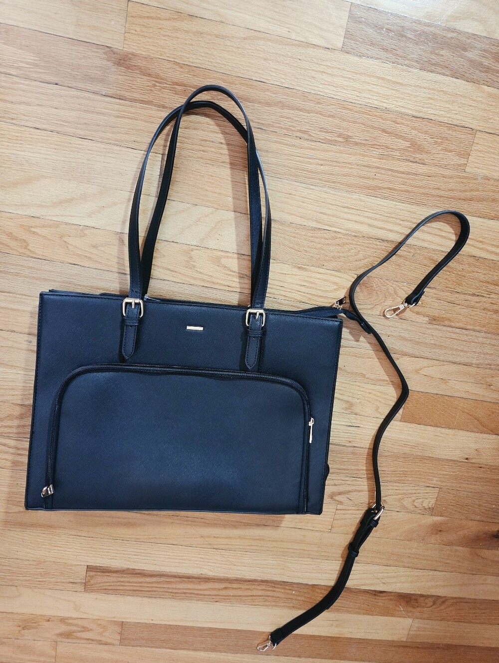 Lovevook Black Leather Women's Laptop Tote Bag with Detachable Strap